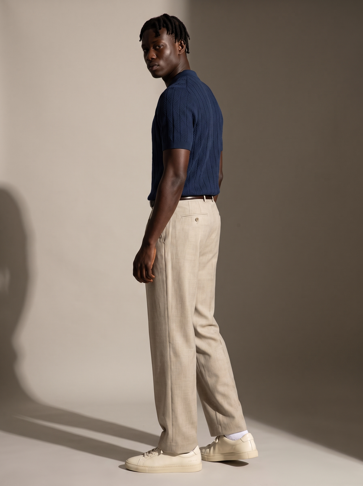 Diamond Knitted Short-Sleeve Polo Shirt - Navy