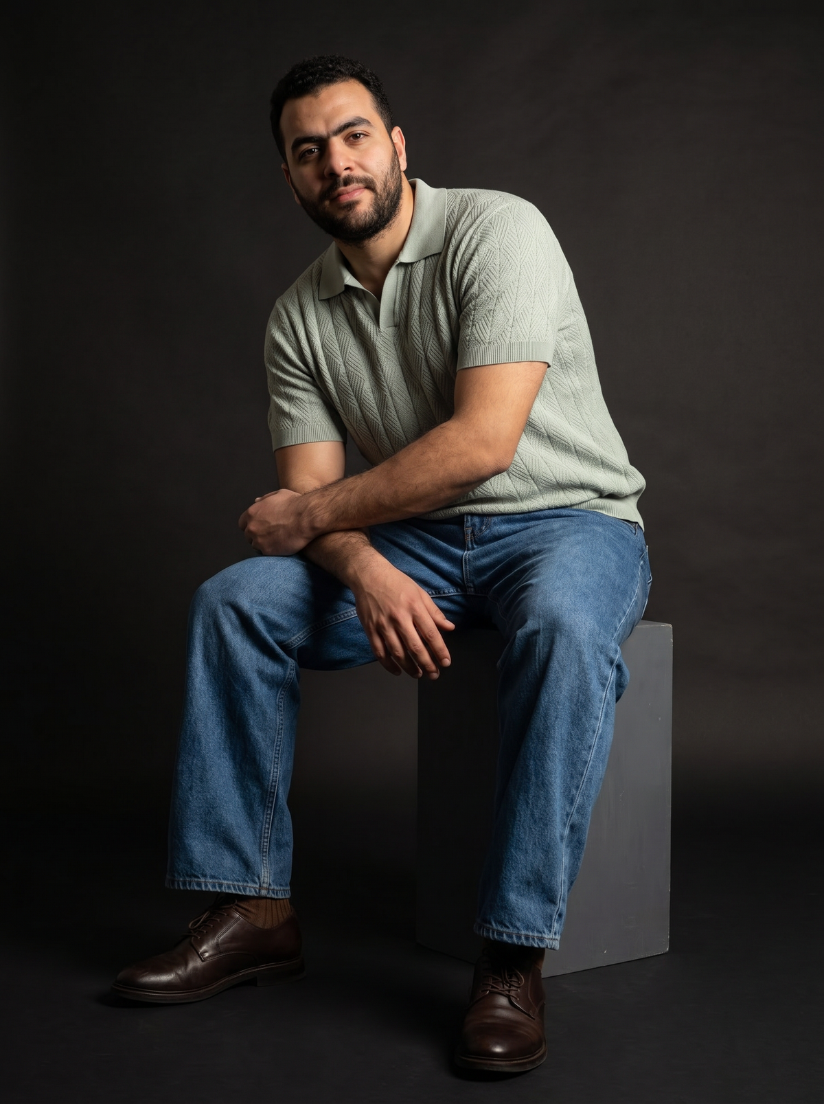 Diamond Knitted Short-Sleeve Polo Shirt - Sage