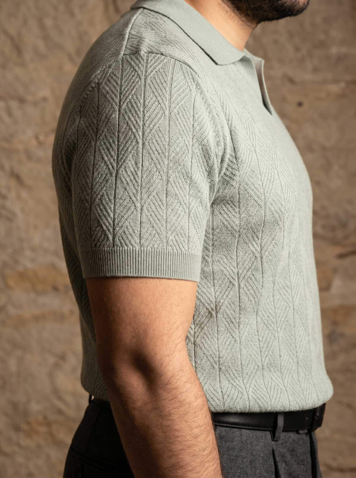 Diamond Knitted Short-Sleeve Polo Shirt - Sage