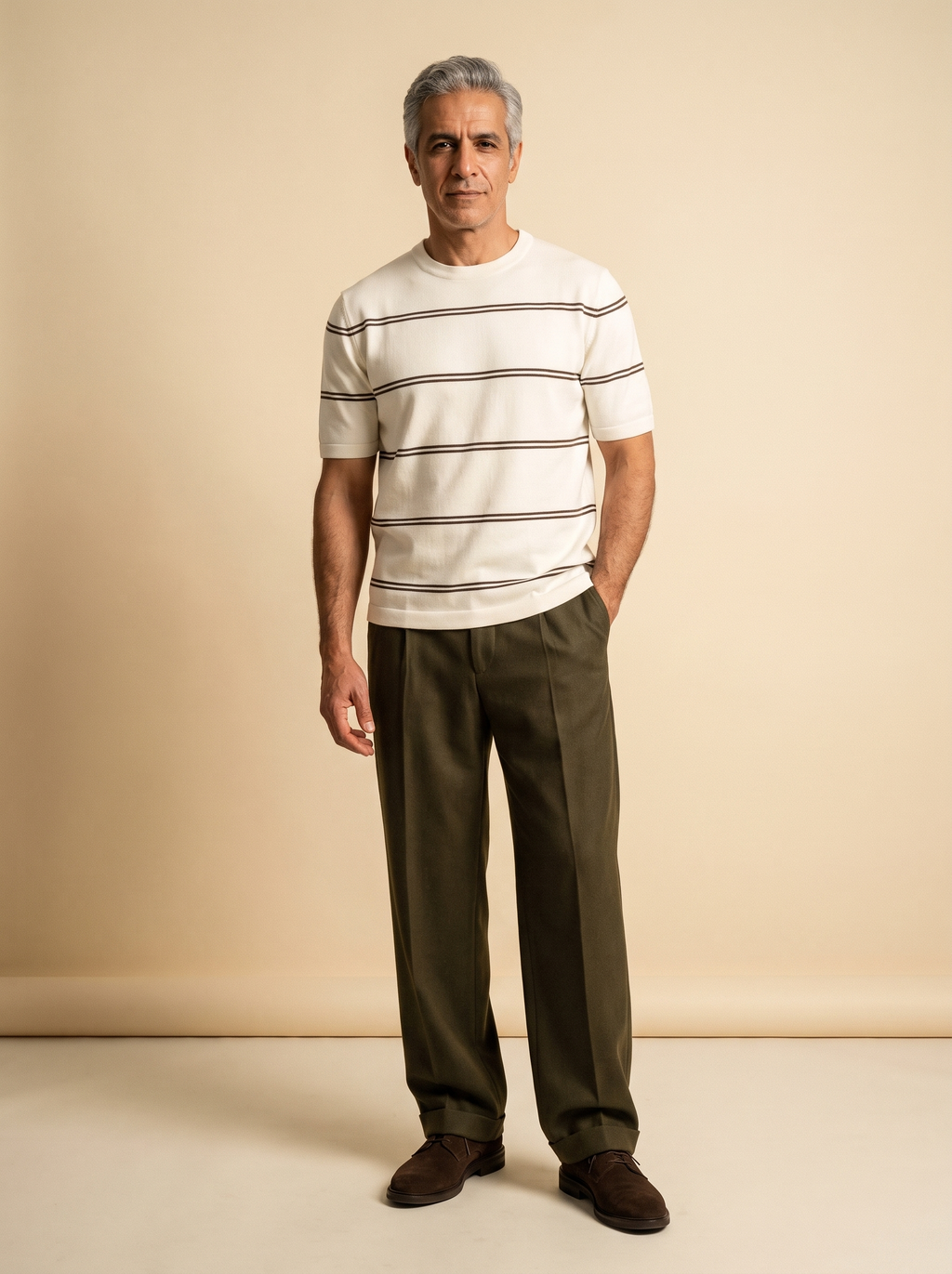 Striped Crew Neck Knit Tee - Creamy