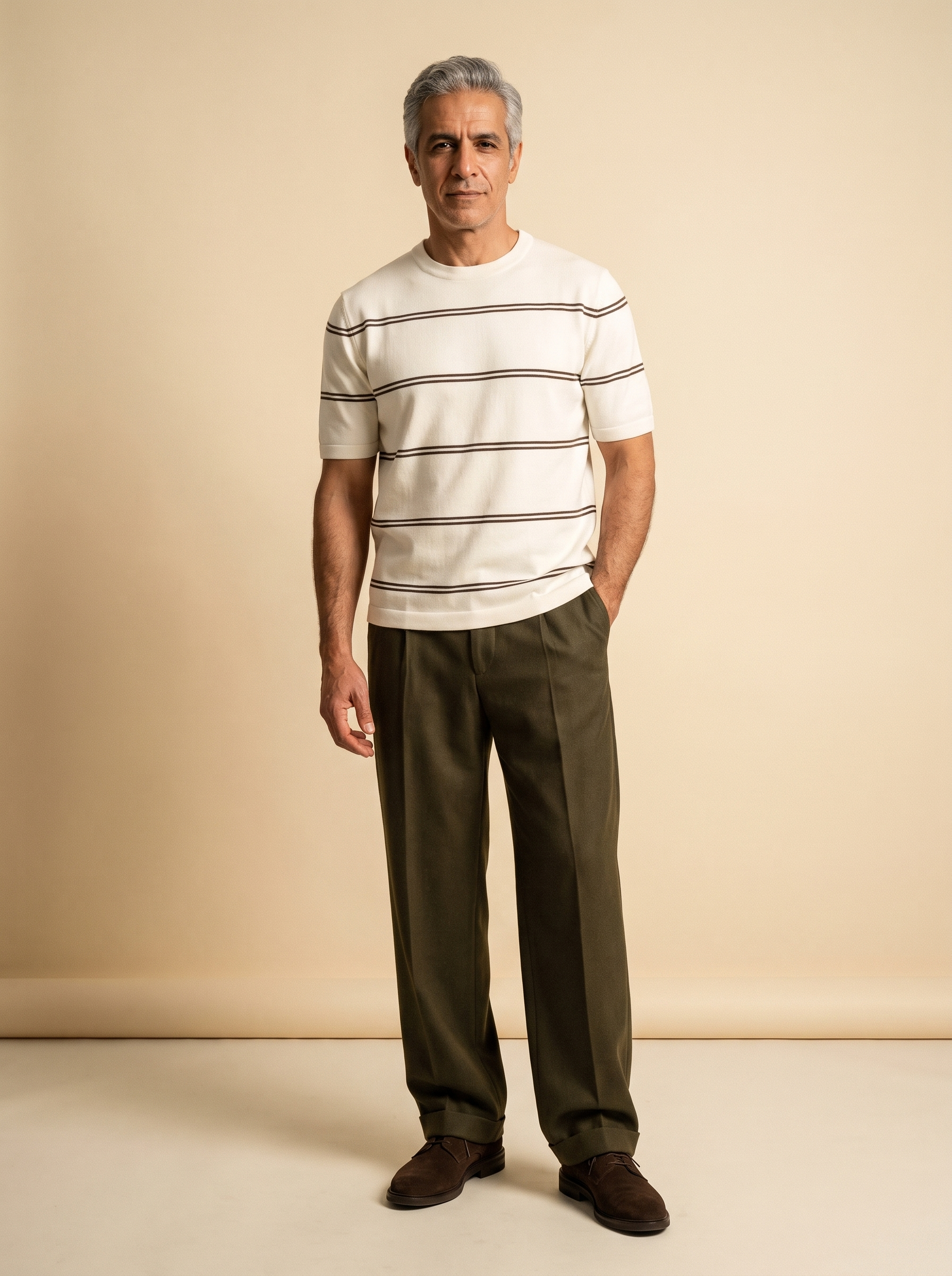 Striped Crew Neck Knit Tee - Creamy