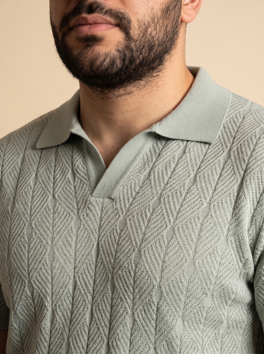 Diamond Knitted Short-Sleeve Polo Shirt - Sage