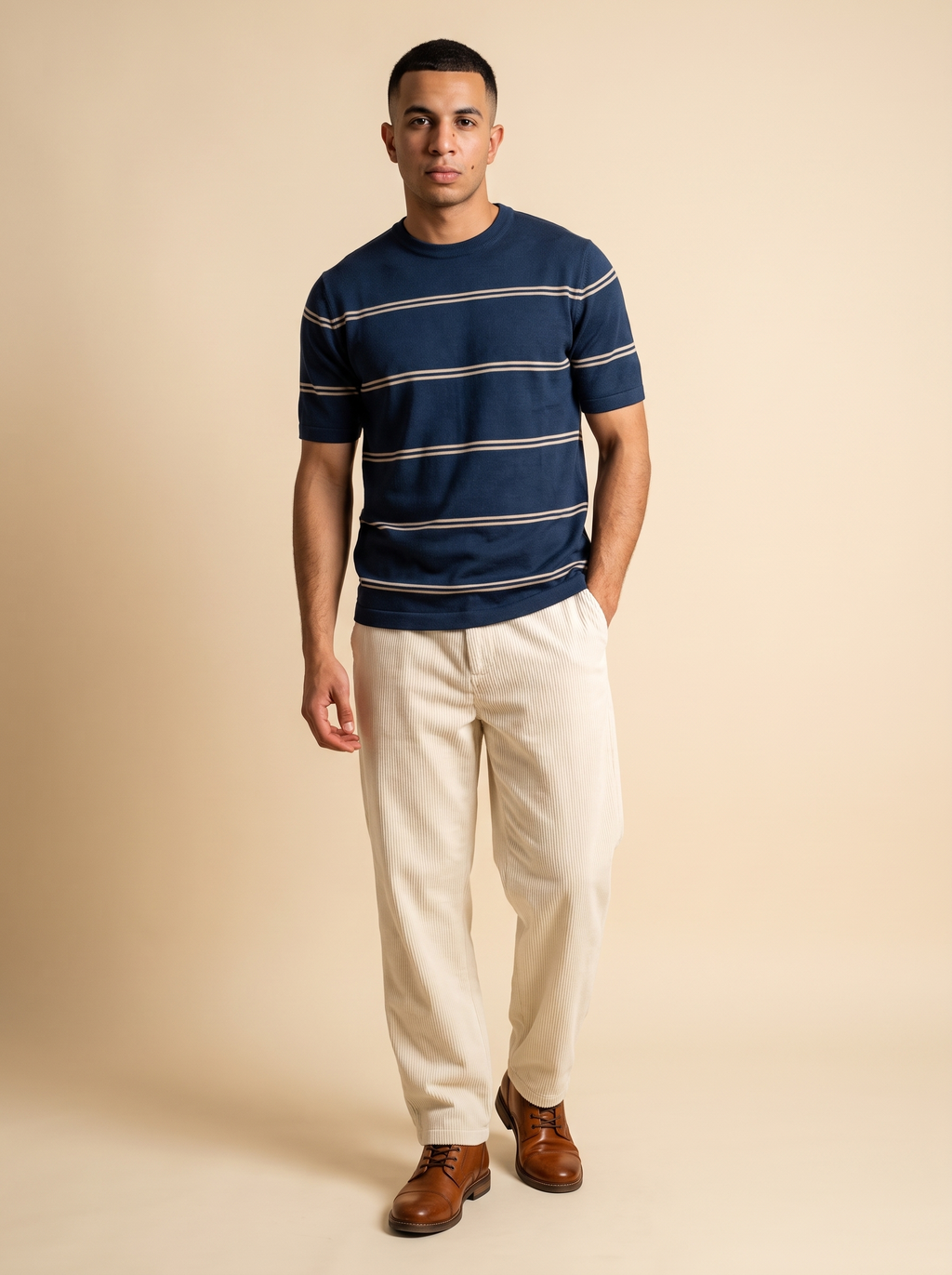 Striped Crew Neck Knit Tee - Navy