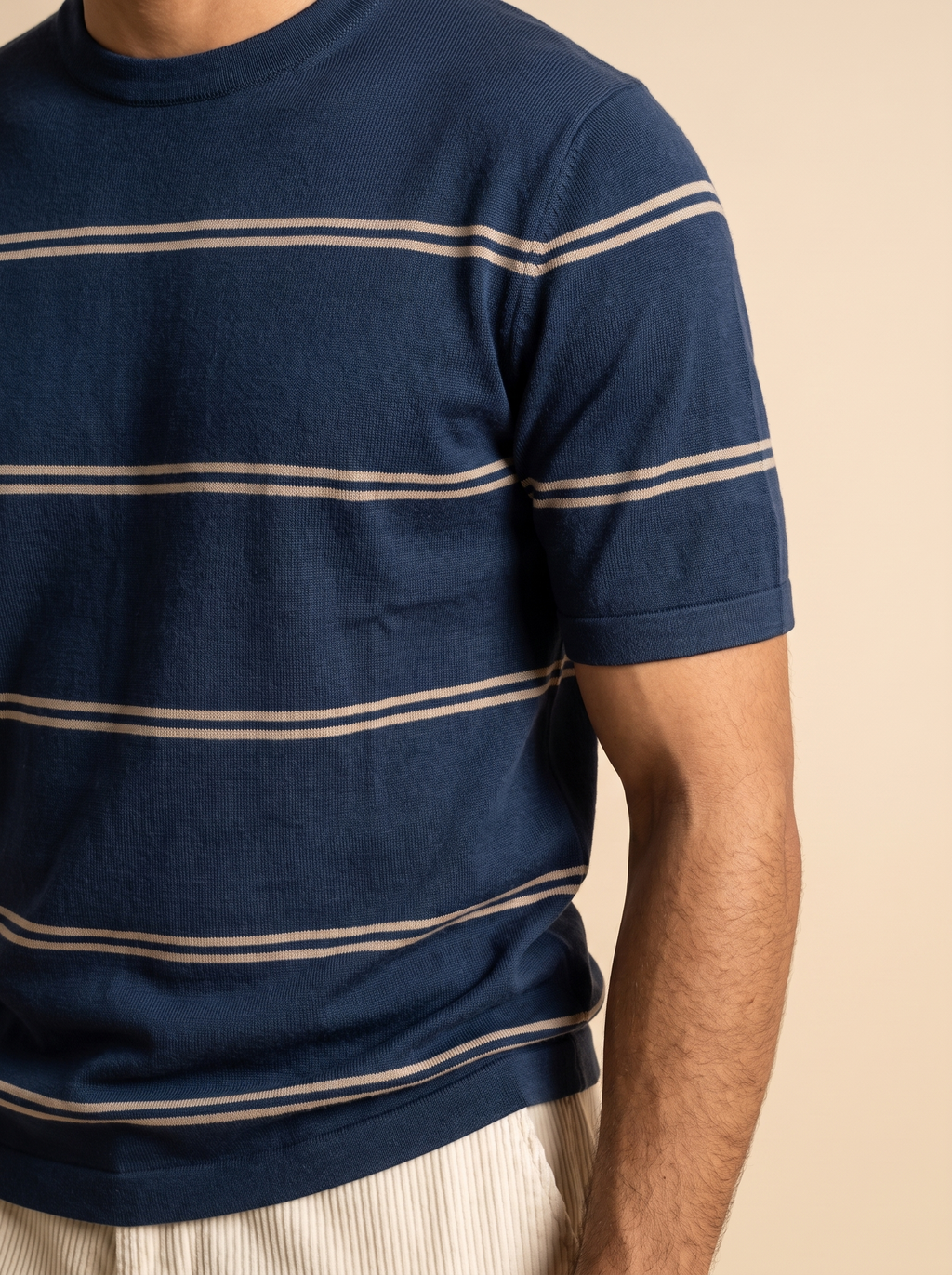 Striped Crew Neck Knit Tee - Navy