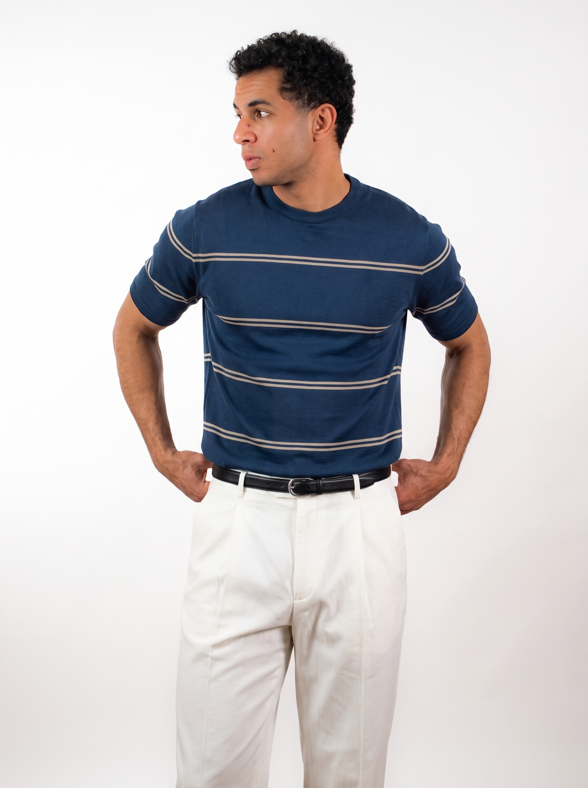 Striped Crew Neck Knit Tee - Navy