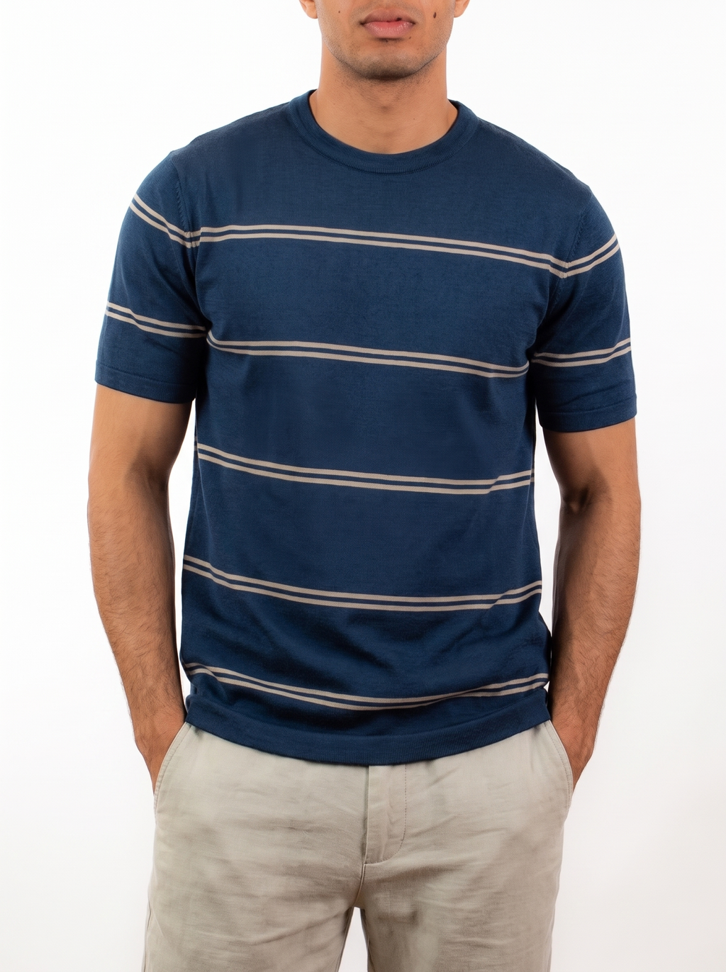 Striped Crew Neck Knit Tee - Navy