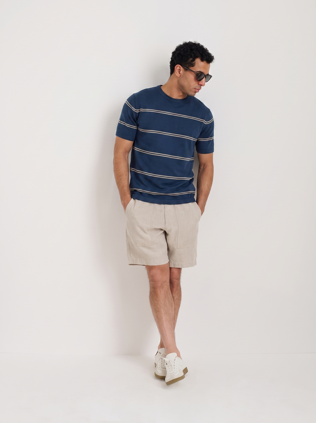 Striped Crew Neck Knit Tee - Navy