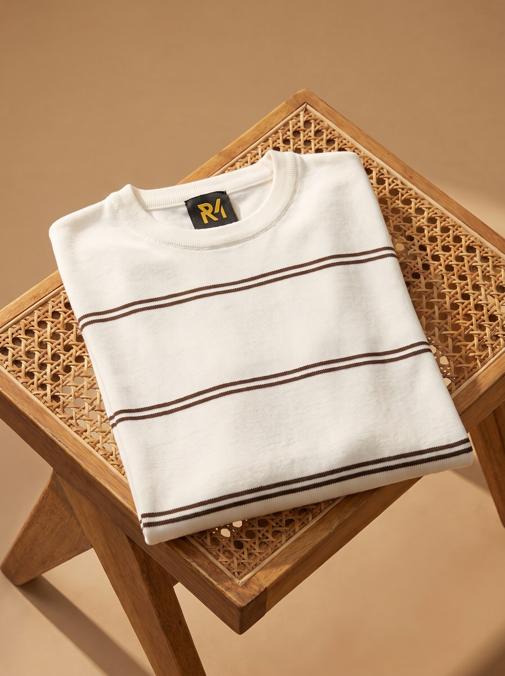Striped Crew Neck Knit Tee - Creamy