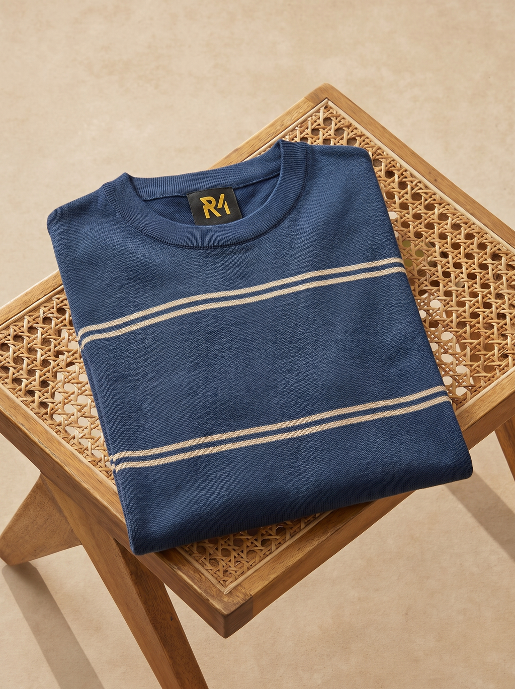 Striped Crew Neck Knit Tee - Navy