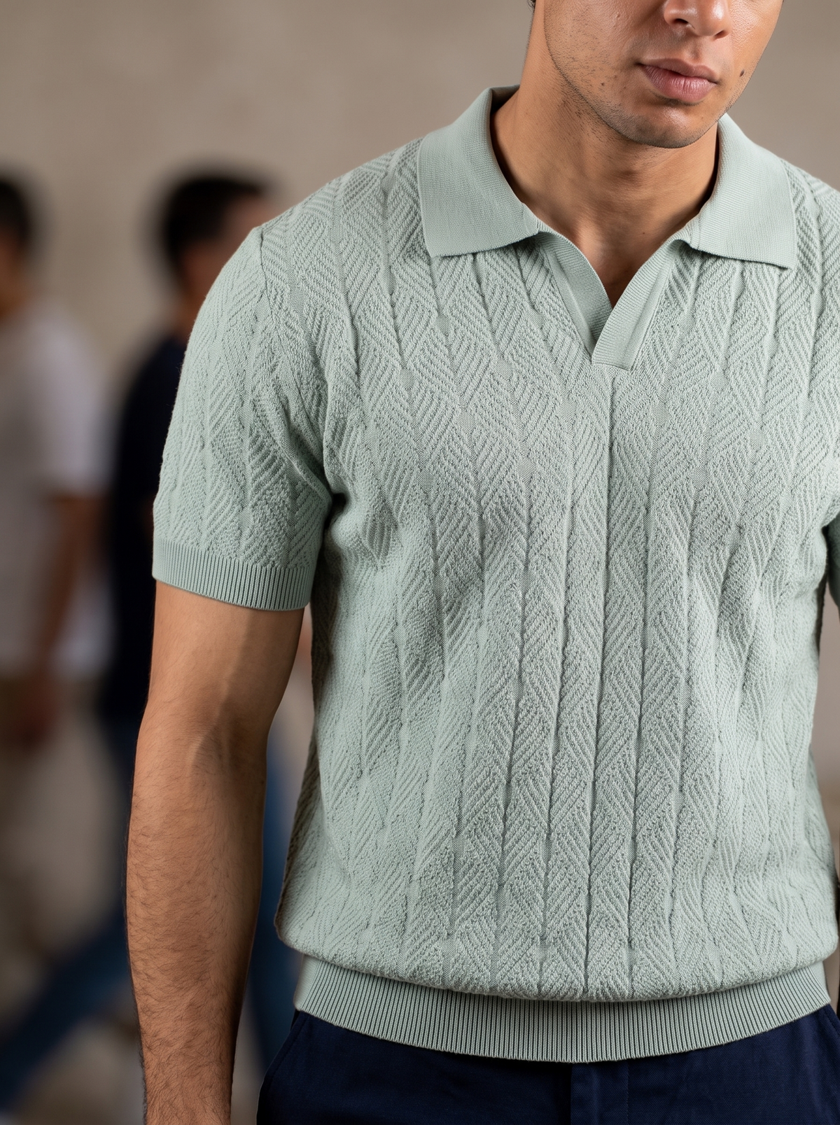 Diamond Knitted Short-Sleeve Polo Shirt - Sage