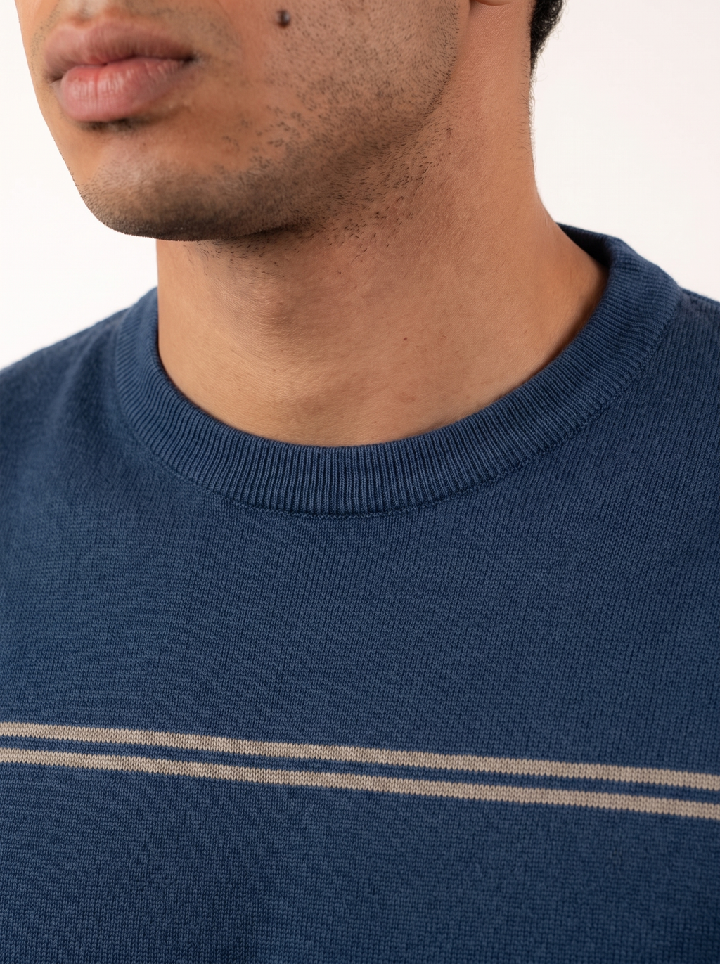 Striped Crew Neck Knit Tee - Navy