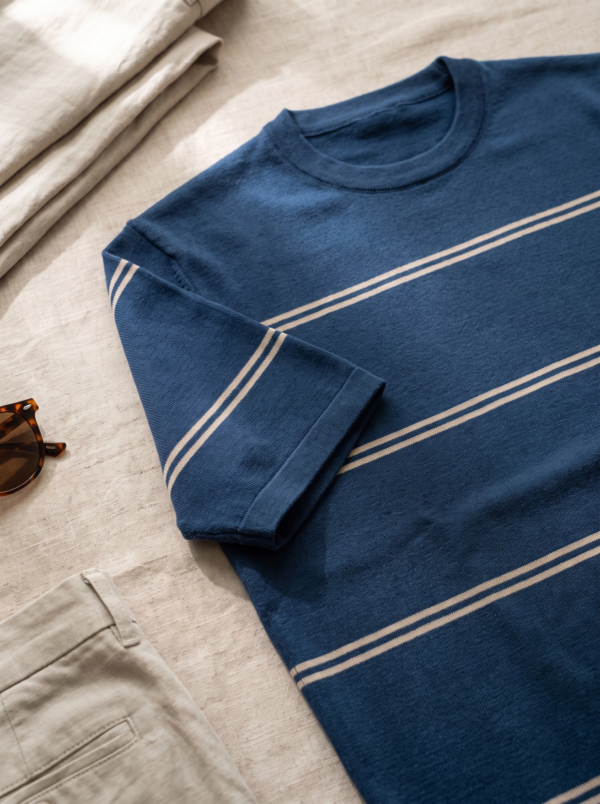 Striped Crew Neck Knit Tee - Navy