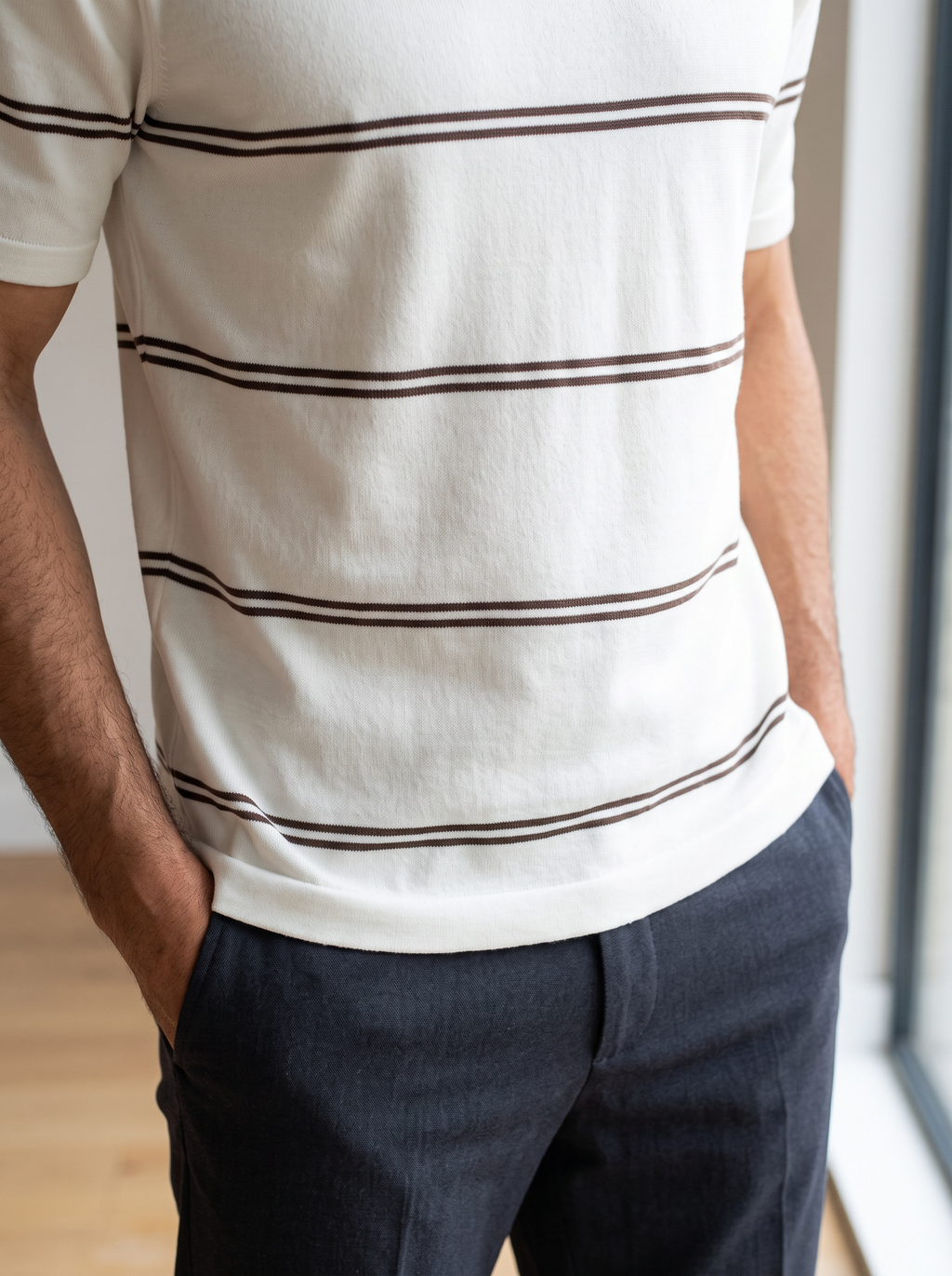 Striped Crew Neck Knit Tee - Creamy