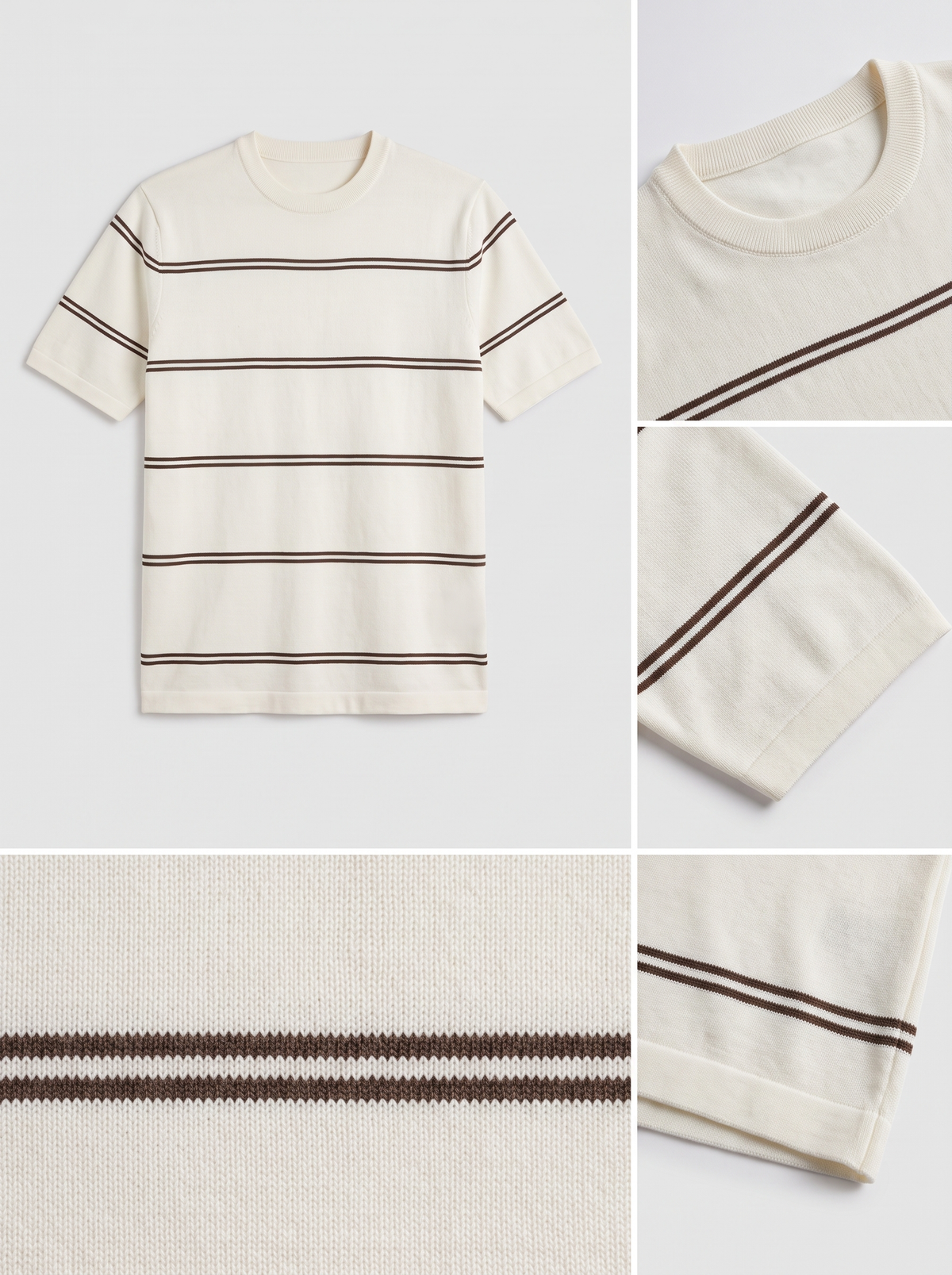 Striped Crew Neck Knit Tee - Creamy