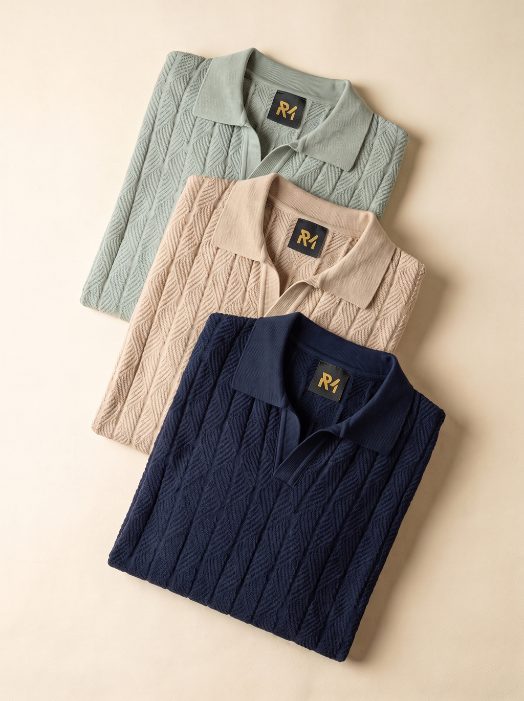 Diamond Knitted Short-Sleeve Polo Shirt - Beige