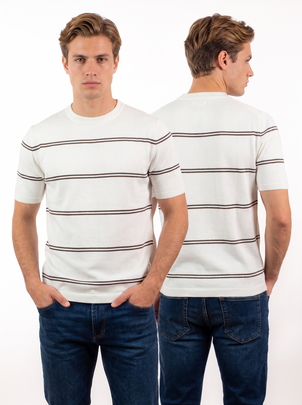 Striped Crew Neck Knit Tee - Creamy