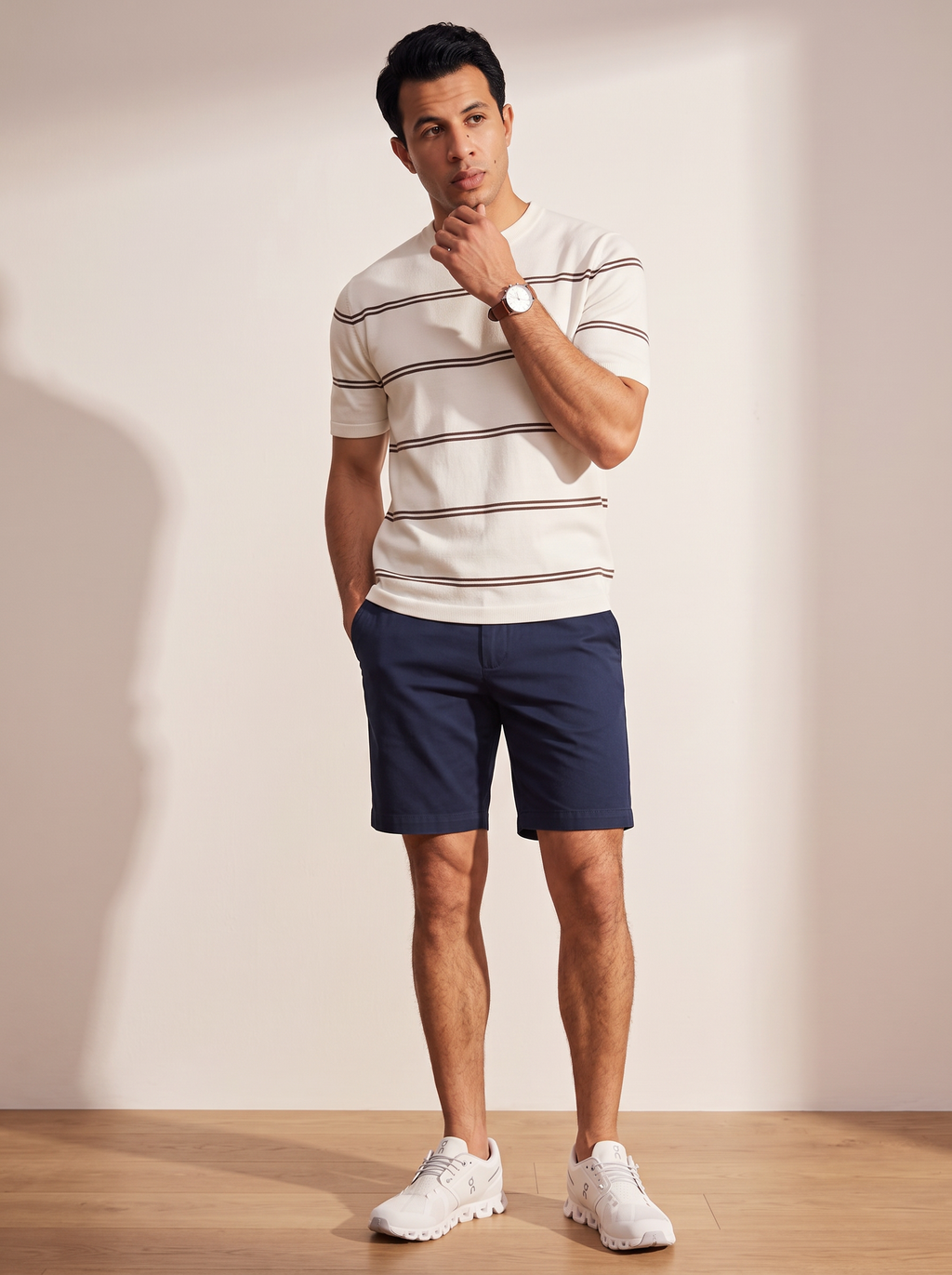 Striped Crew Neck Knit Tee - Creamy