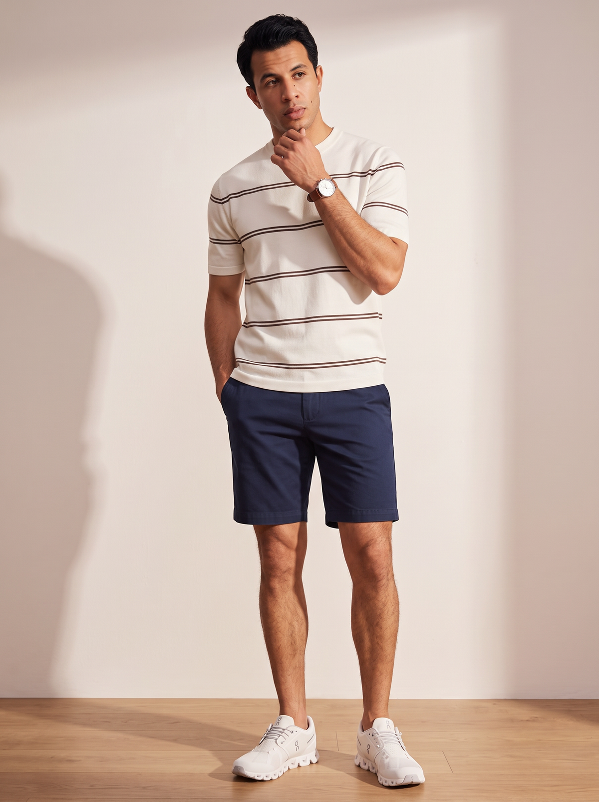 Striped Crew Neck Knit Tee - Creamy