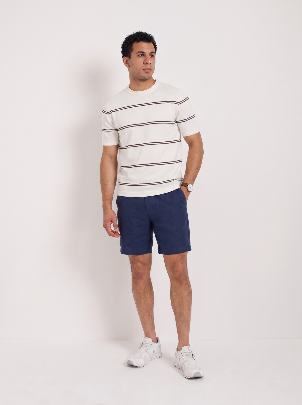 Striped Crew Neck Knit Tee - Creamy