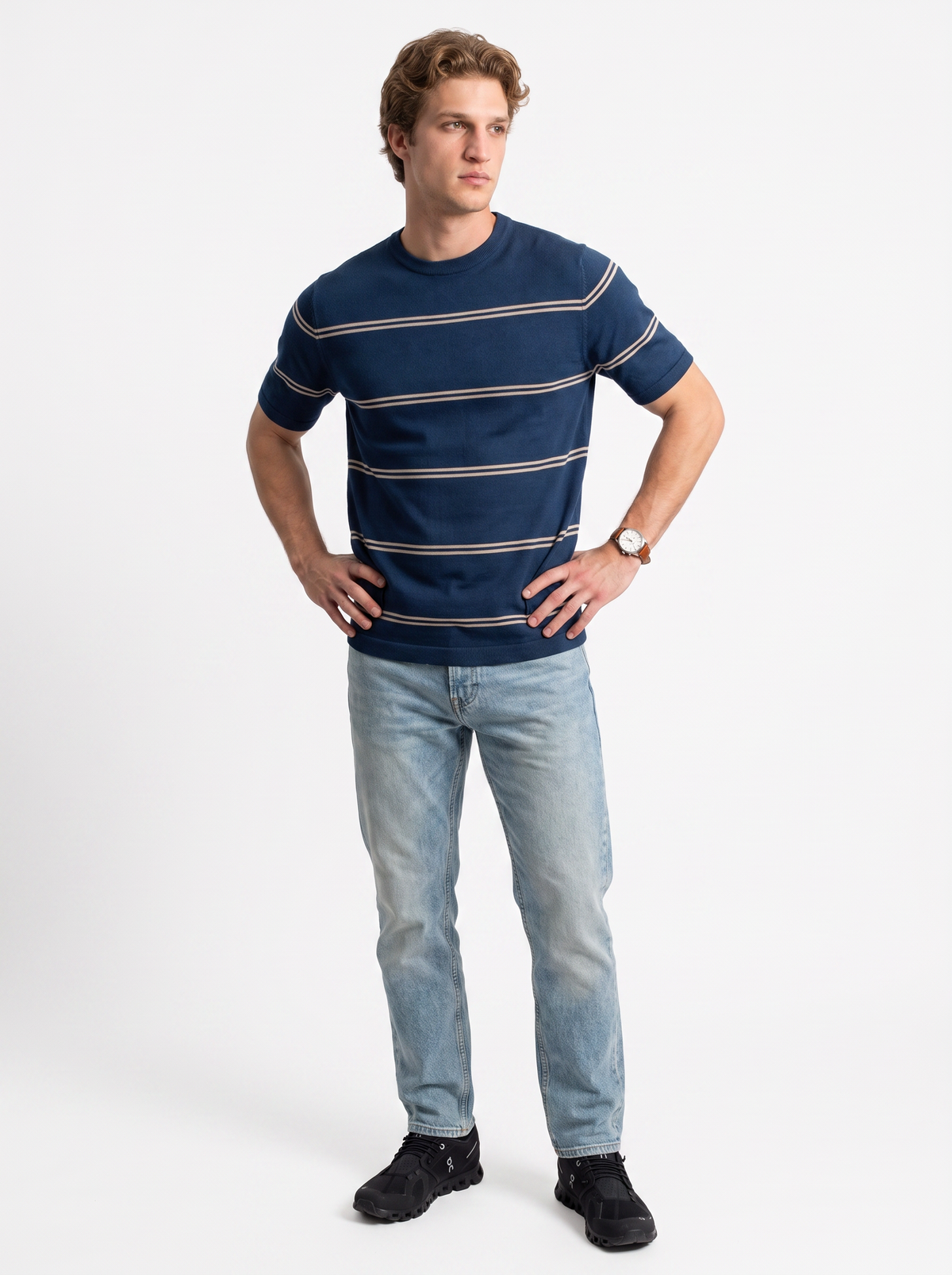 Striped Crew Neck Knit Tee - Navy