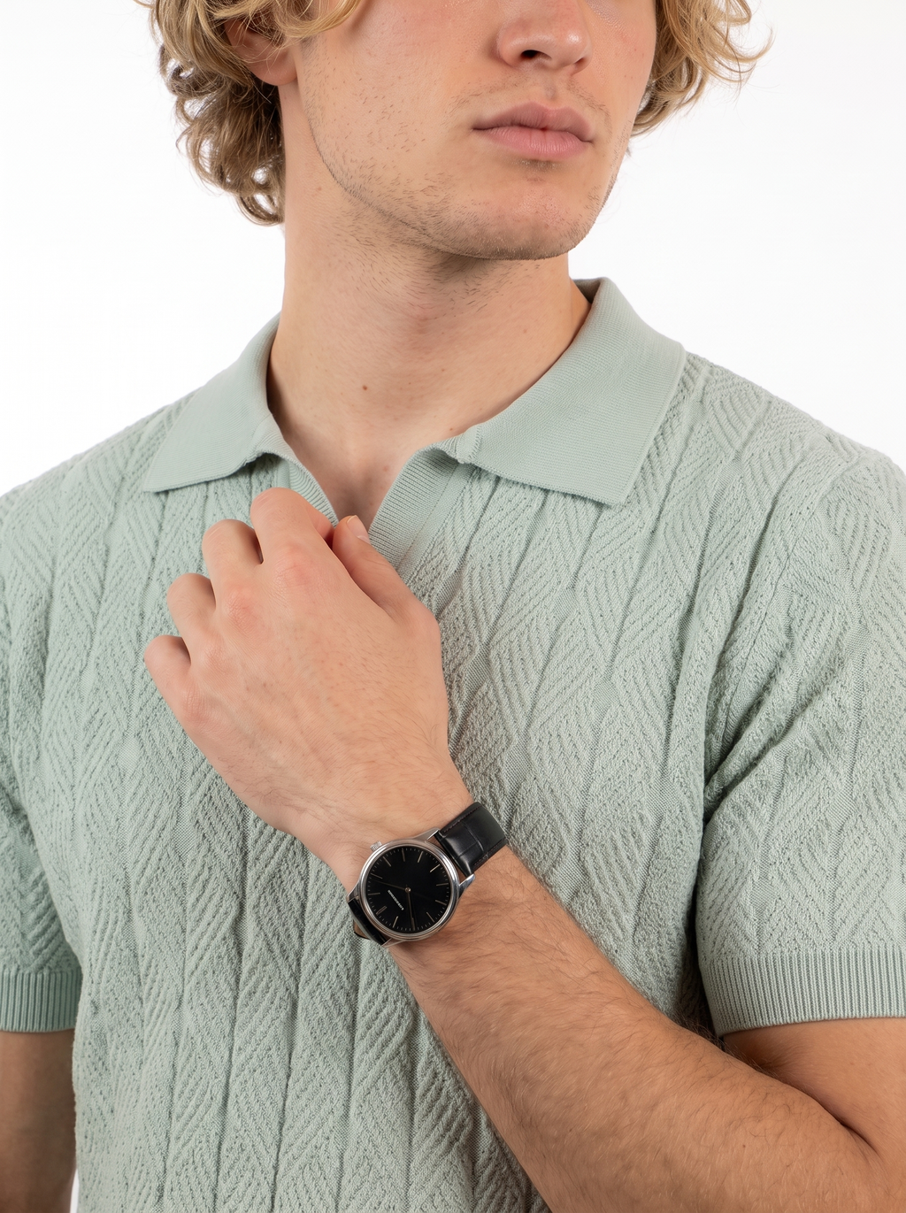 Diamond Knitted Short-Sleeve Polo Shirt - Sage