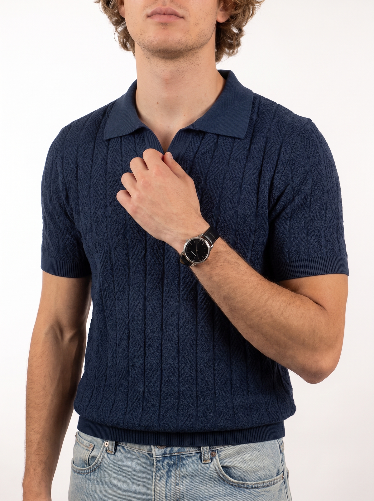 Diamond Knitted Short-Sleeve Polo Shirt - Navy