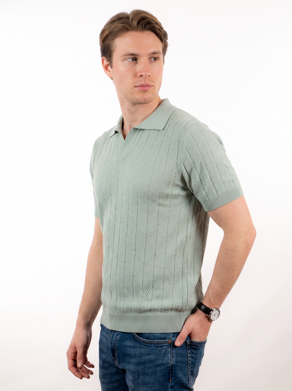 Diamond Knitted Short-Sleeve Polo Shirt - Sage