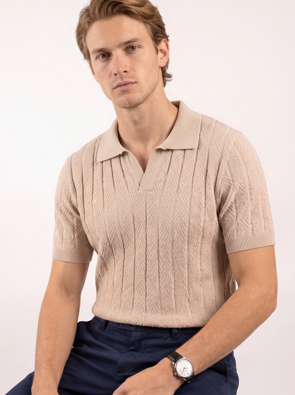 Diamond Knitted Short-Sleeve Polo Shirt - Beige
