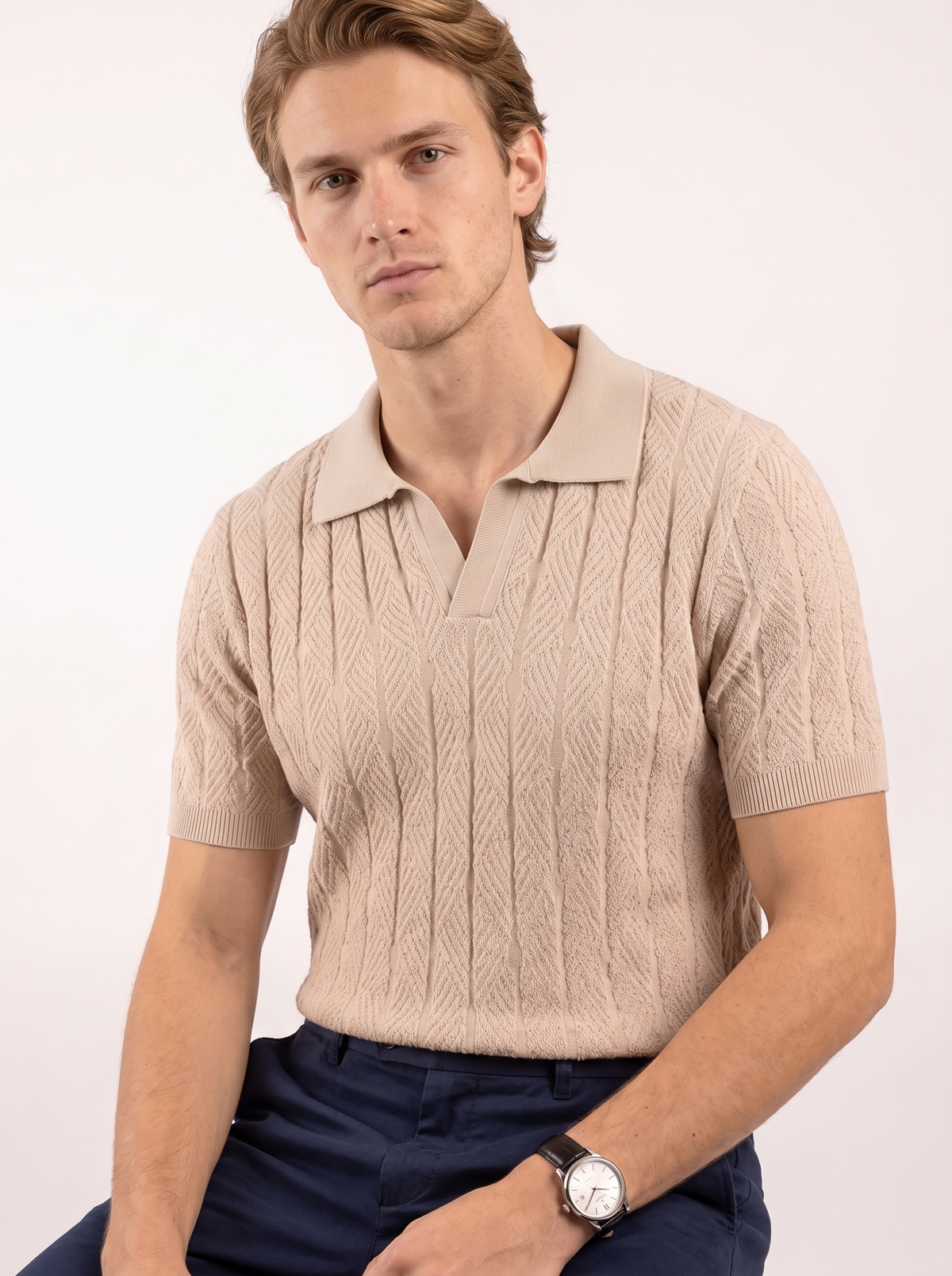 Diamond Knitted Short-Sleeve Polo Shirt - Beige