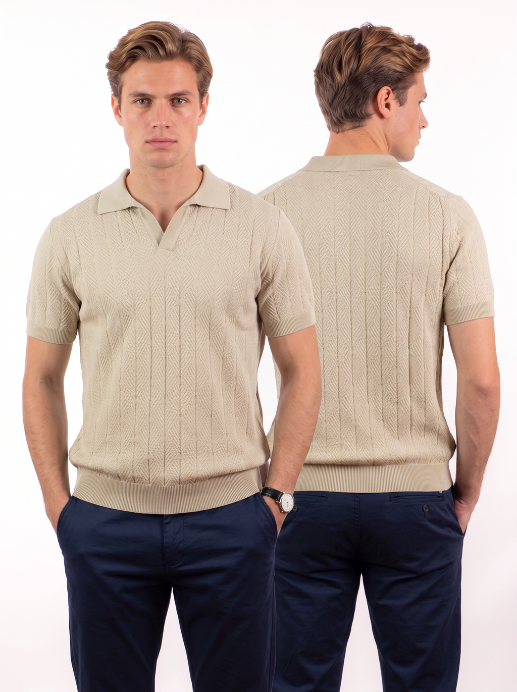 Diamond Knitted Short-Sleeve Polo Shirt - Beige