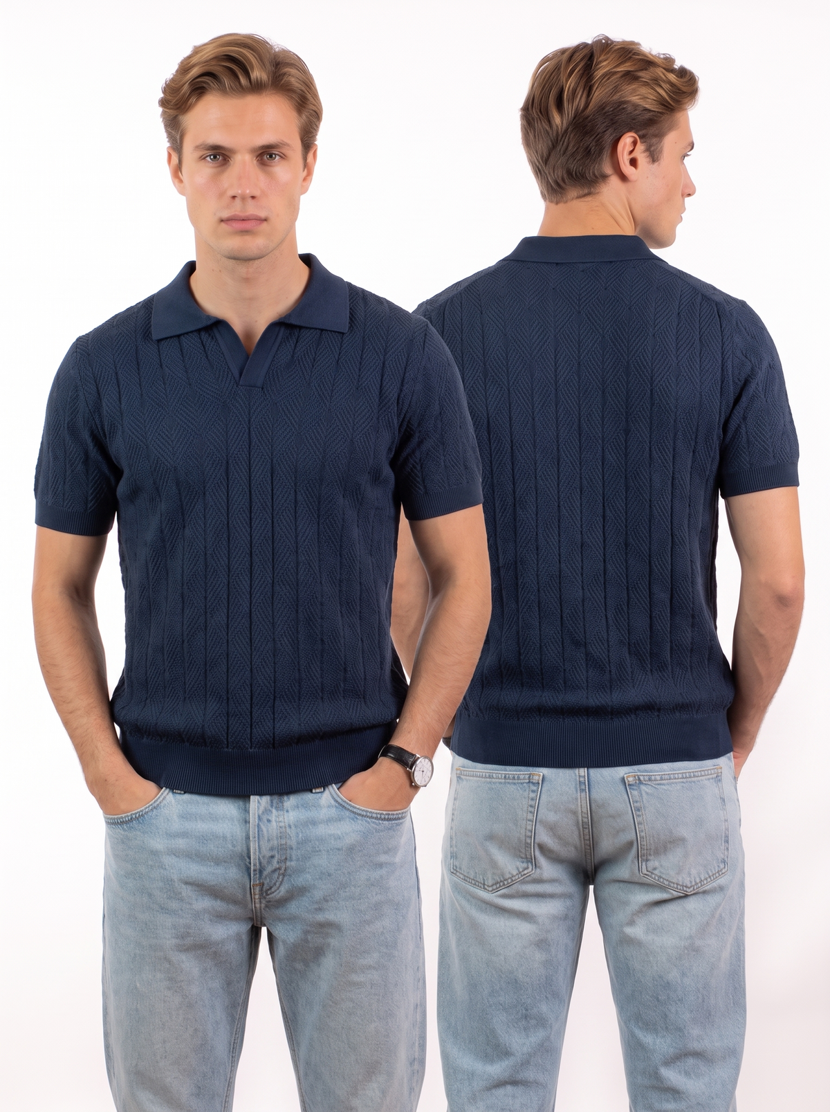 Diamond Knitted Short-Sleeve Polo Shirt - Navy