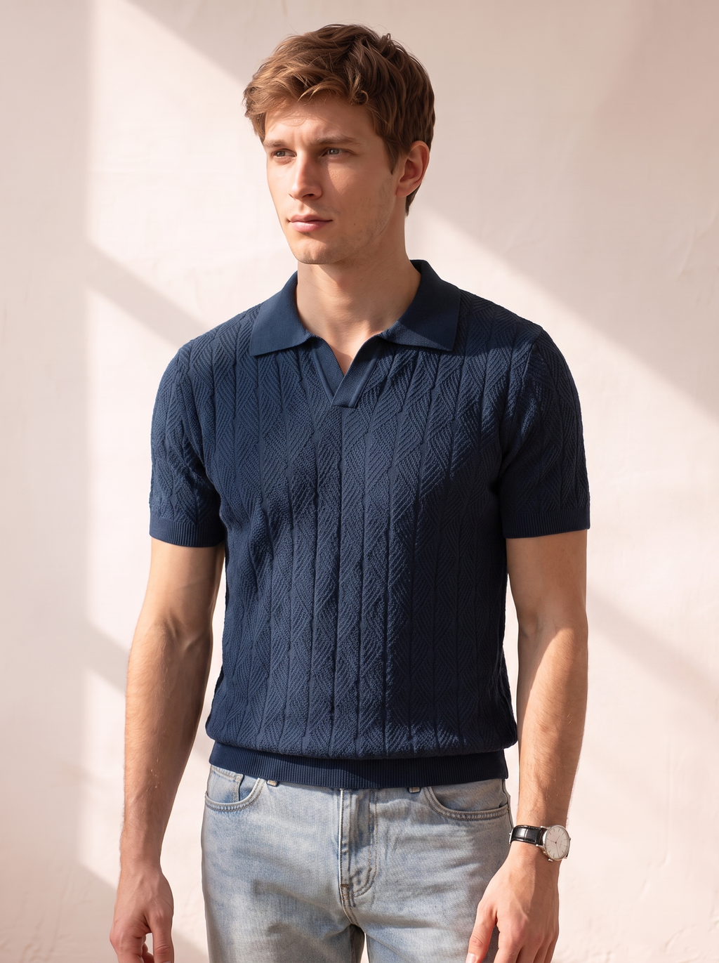 Diamond Knitted Short-Sleeve Polo Shirt - Navy