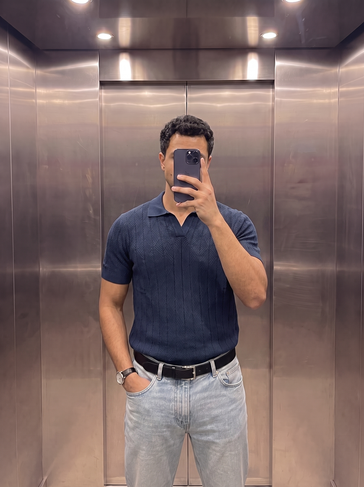 Diamond Knitted Short-Sleeve Polo Shirt - Navy