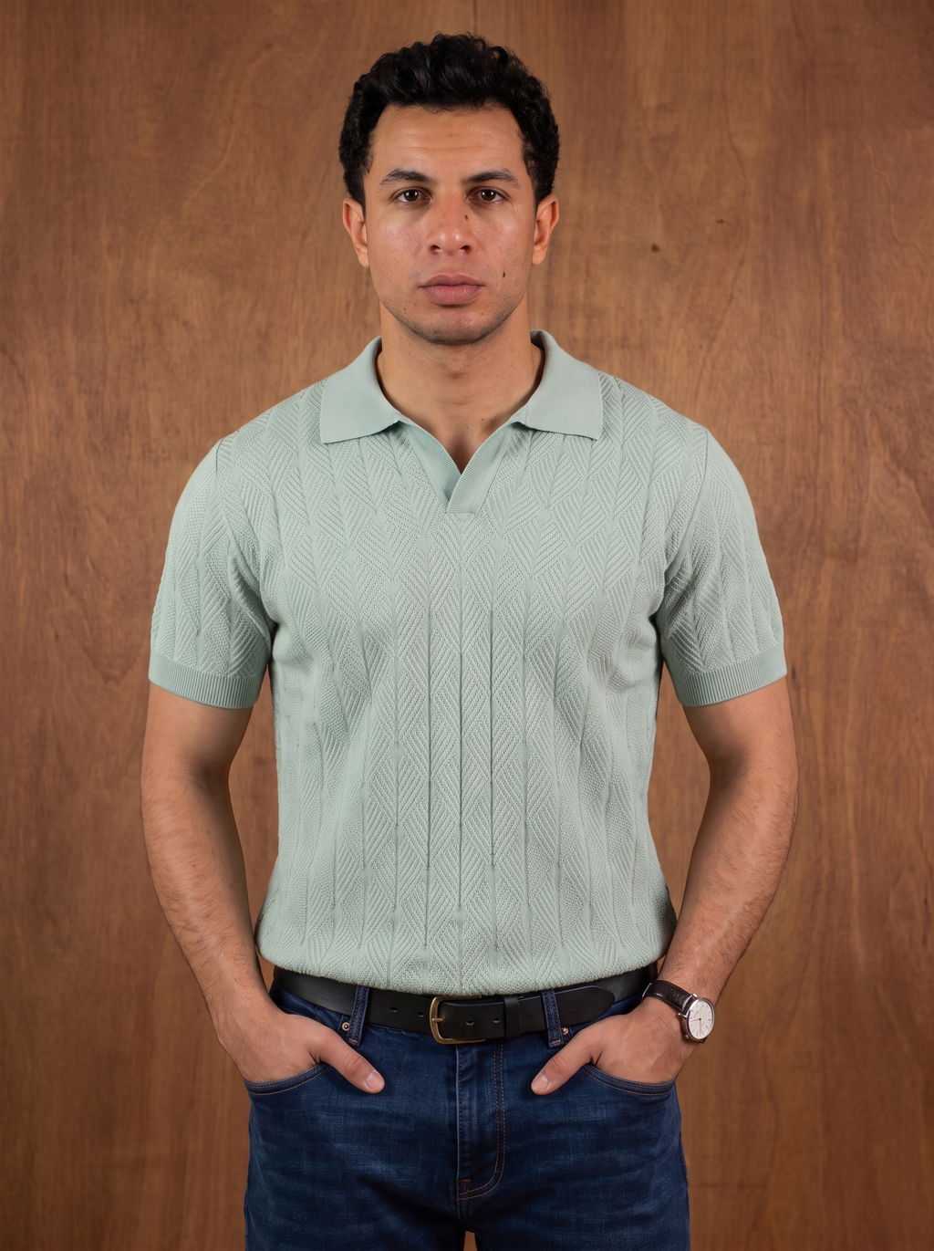 Diamond Knitted Short-Sleeve Polo Shirt - Sage