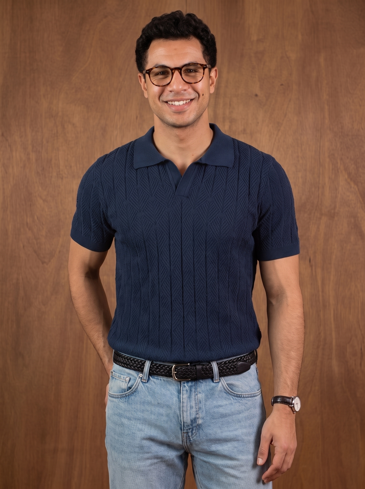 Diamond Knitted Short-Sleeve Polo Shirt - Navy