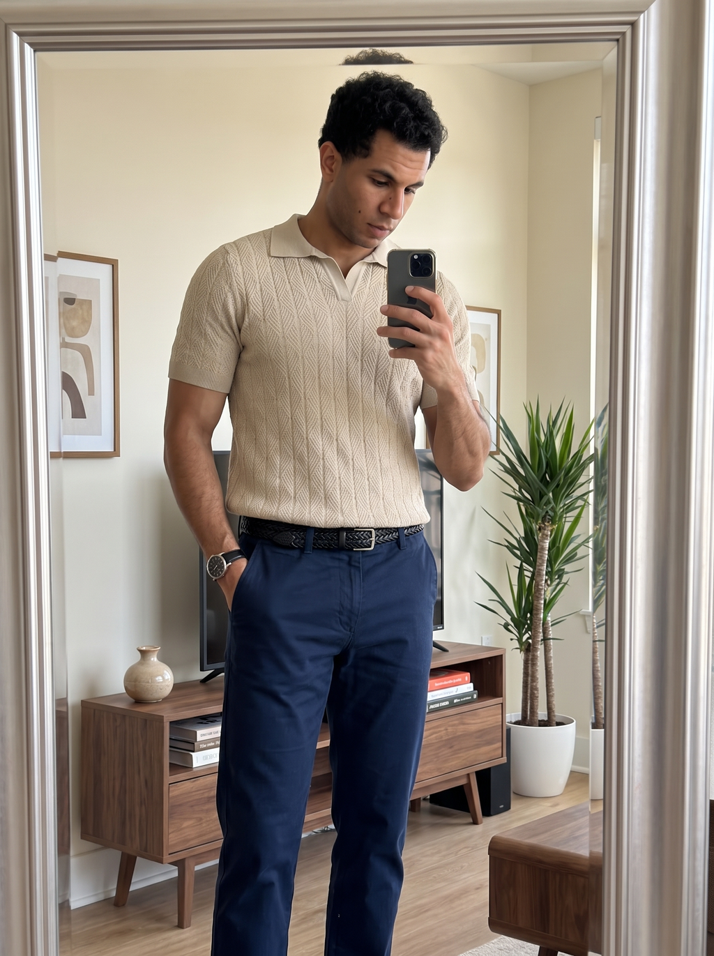 Diamond Knitted Short-Sleeve Polo Shirt - Beige