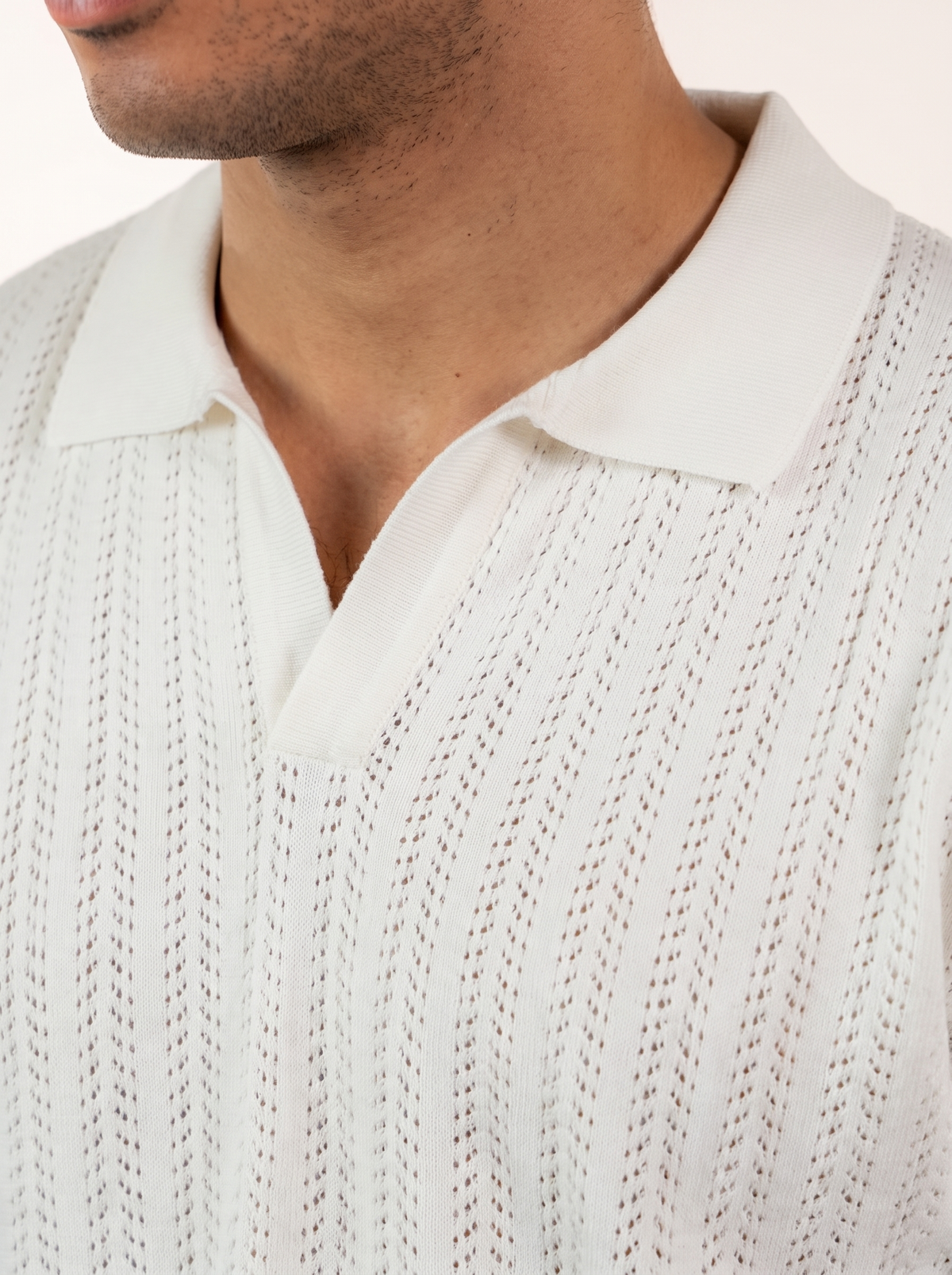 Open Knitted Short-Sleeve Polo Shirt - Creamy