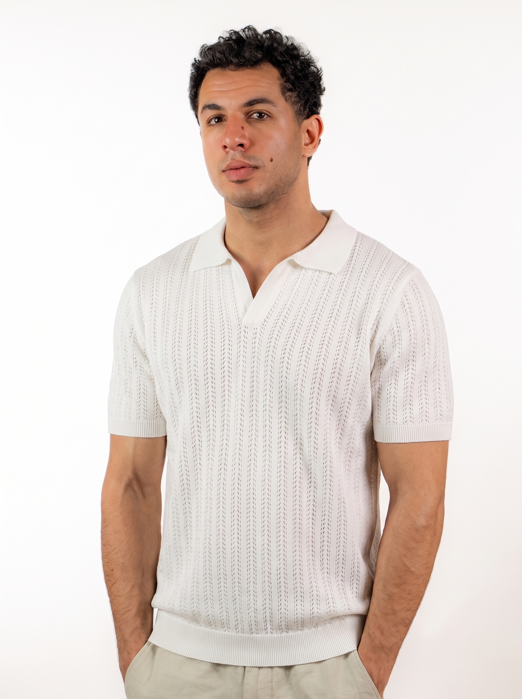 Open Knitted Short-Sleeve Polo Shirt - Creamy