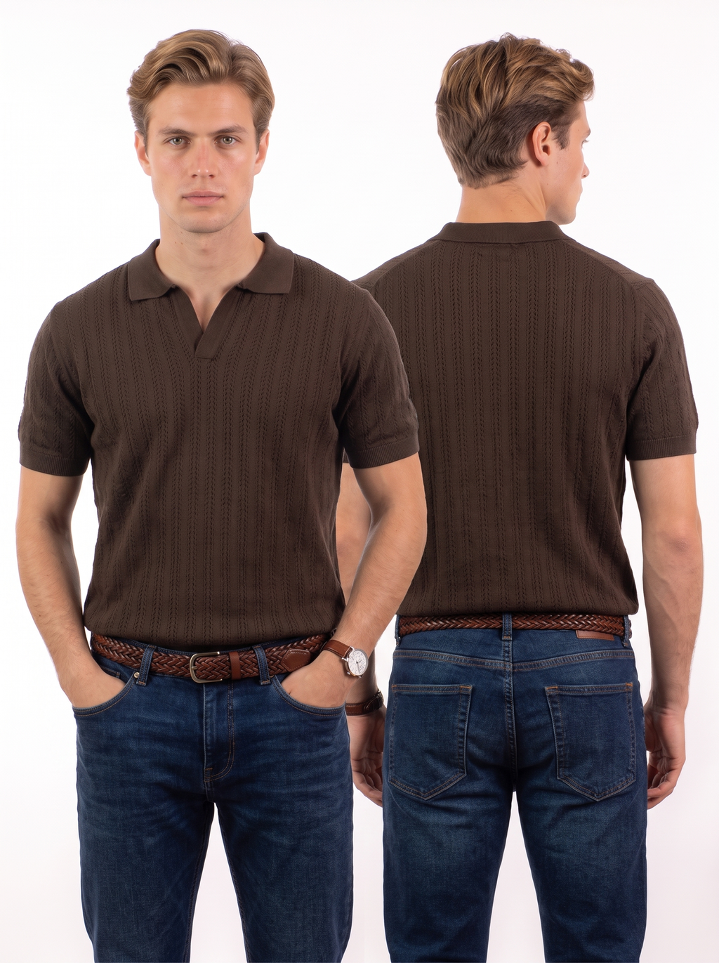 Open Knitted Short-Sleeve Polo Shirt - Brown