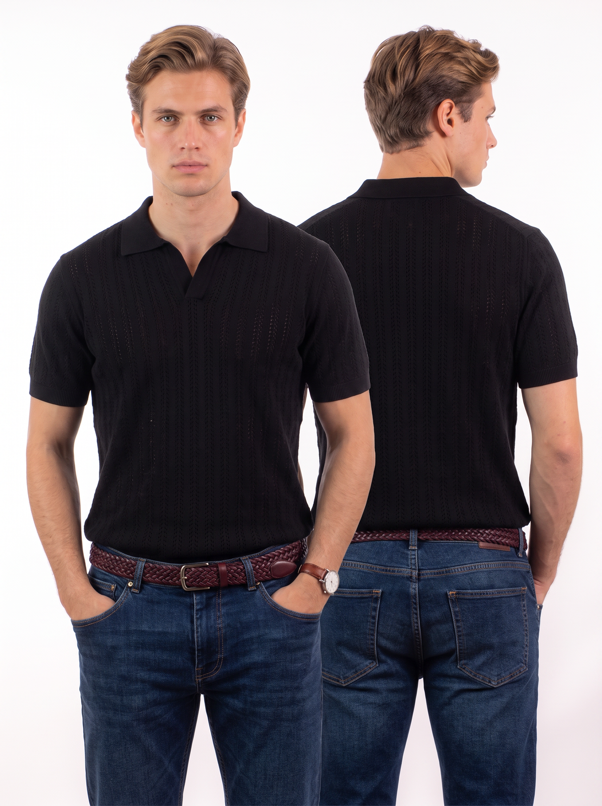 Open Knitted Short-Sleeve Polo Shirt - Black