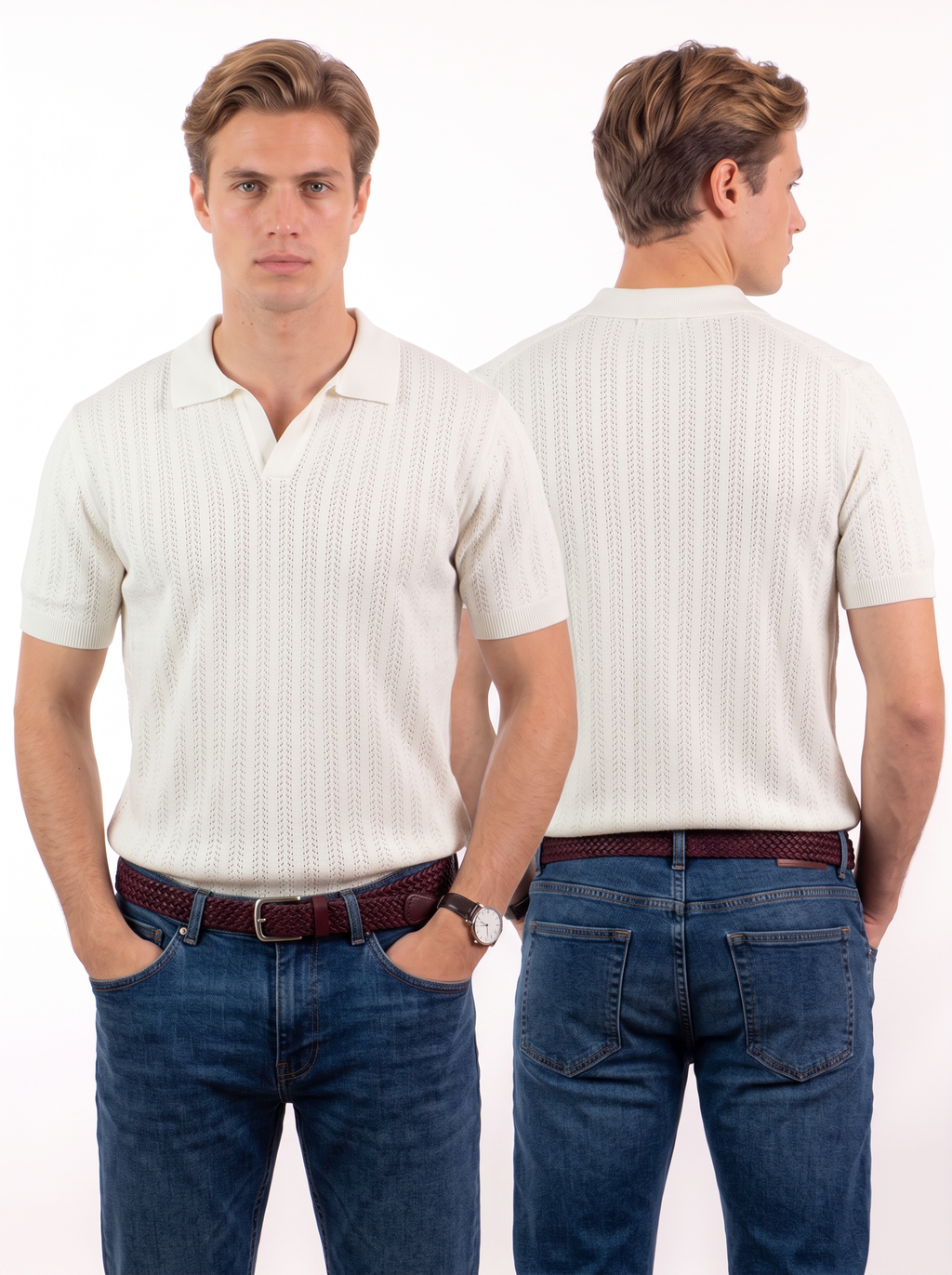 Open Knitted Short-Sleeve Polo Shirt - Creamy