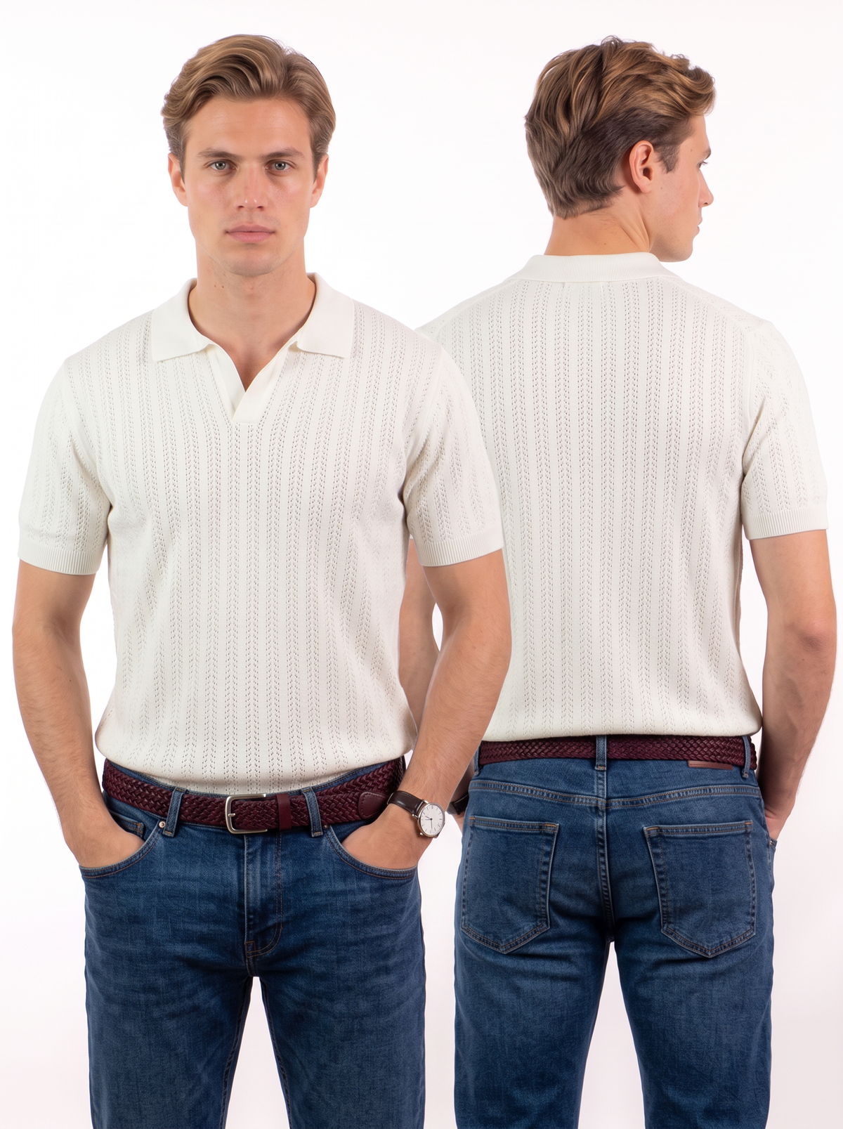 Open Knitted Short-Sleeve Polo Shirt - Creamy