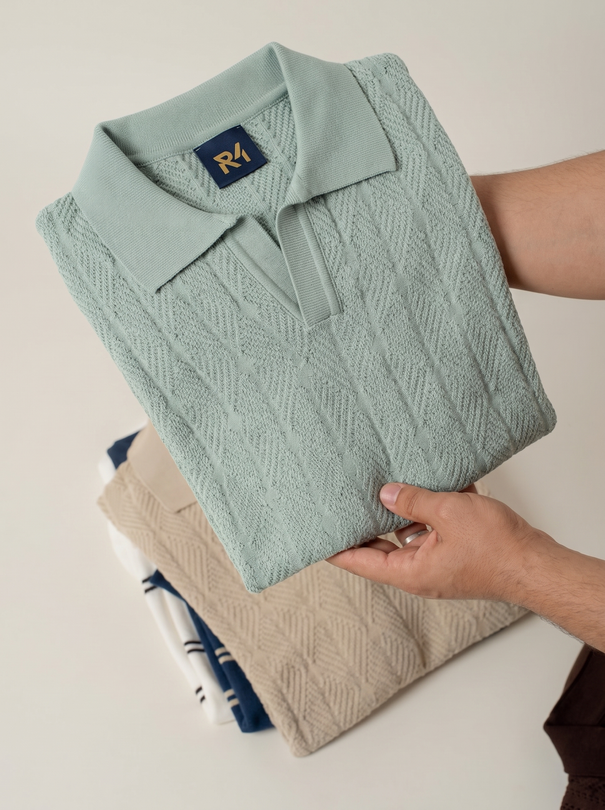Diamond Knitted Short-Sleeve Polo Shirt - Sage
