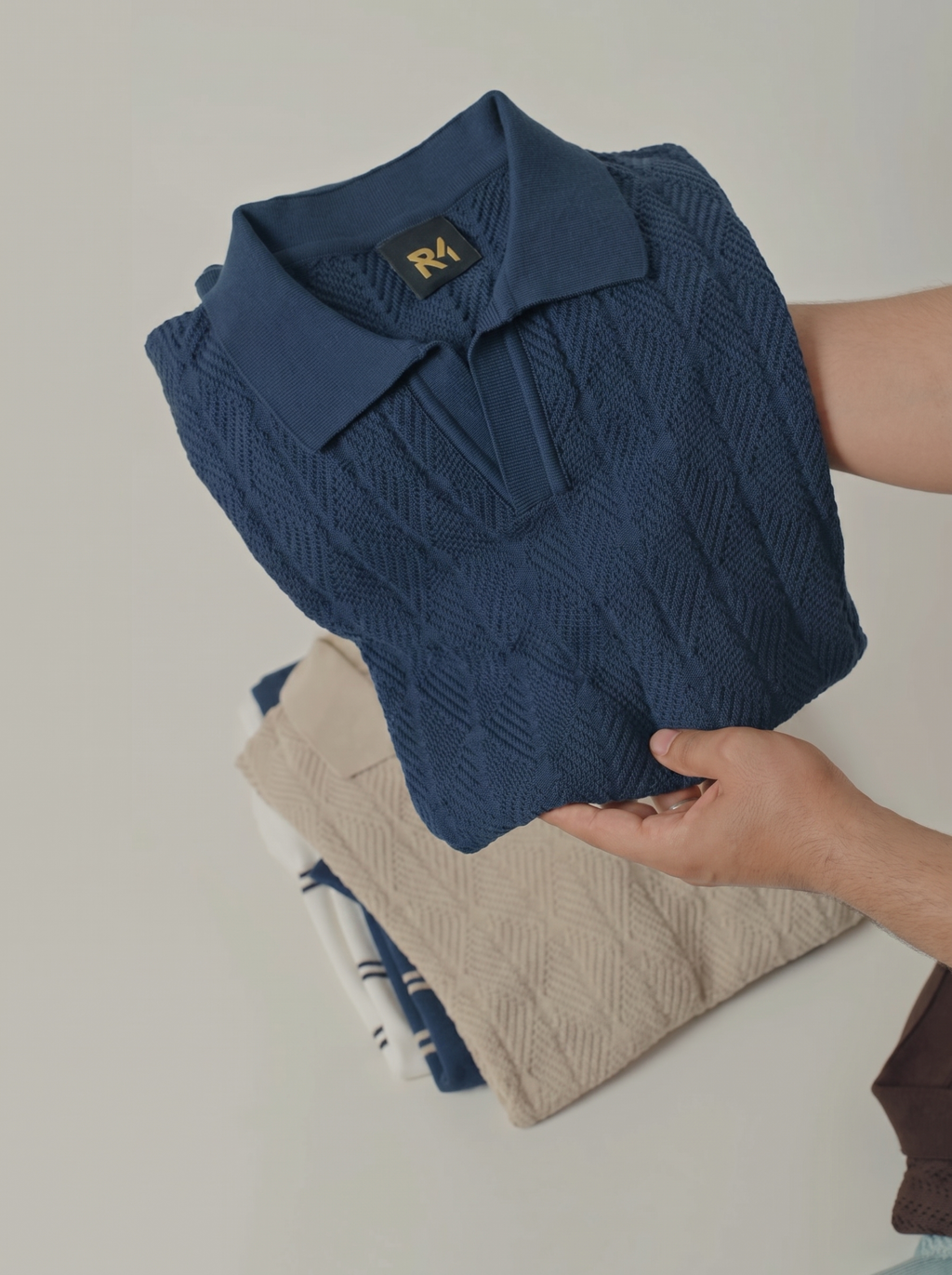 Diamond Knitted Short-Sleeve Polo Shirt - Navy