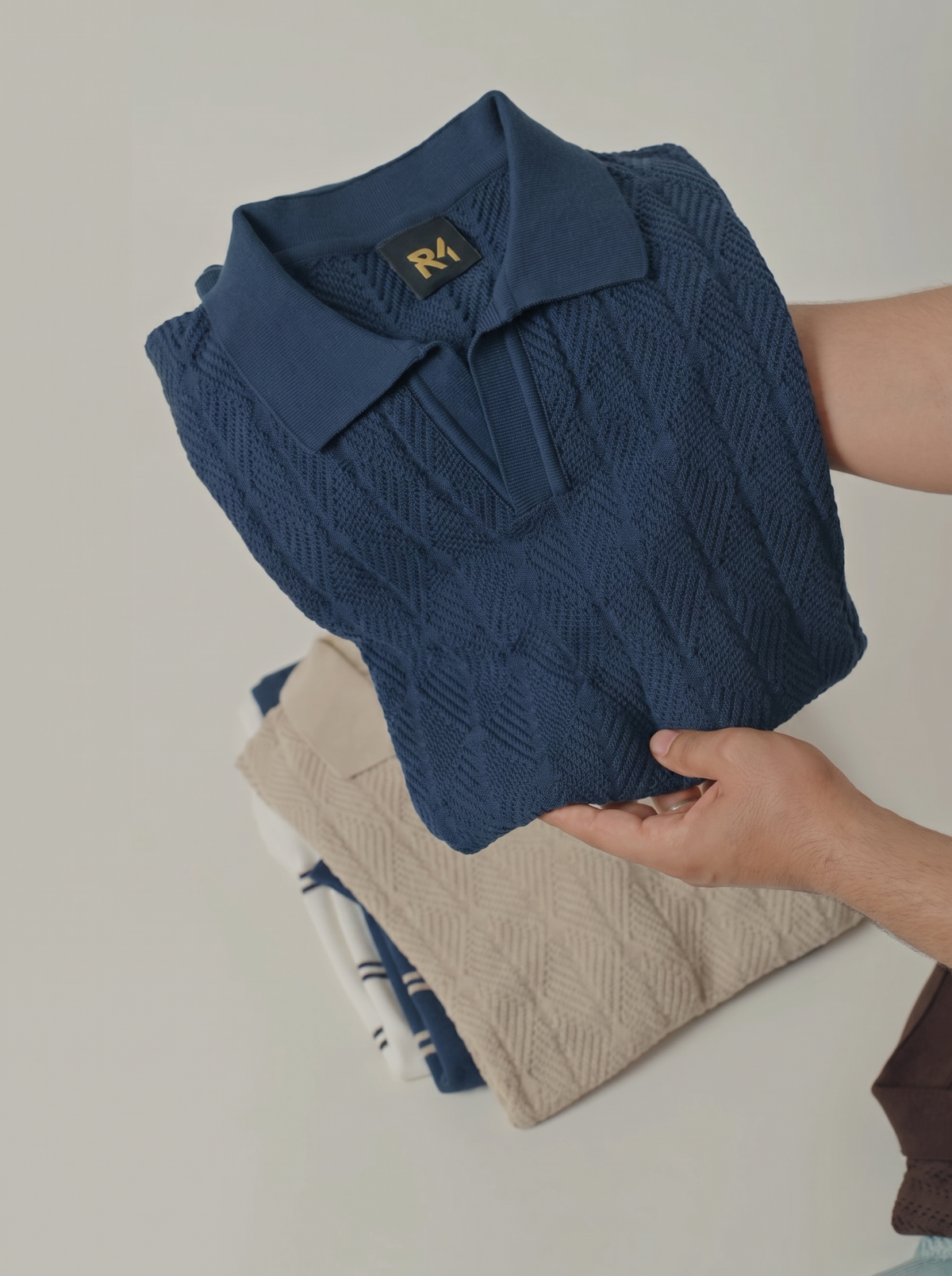Diamond Knitted Short-Sleeve Polo Shirt - Navy