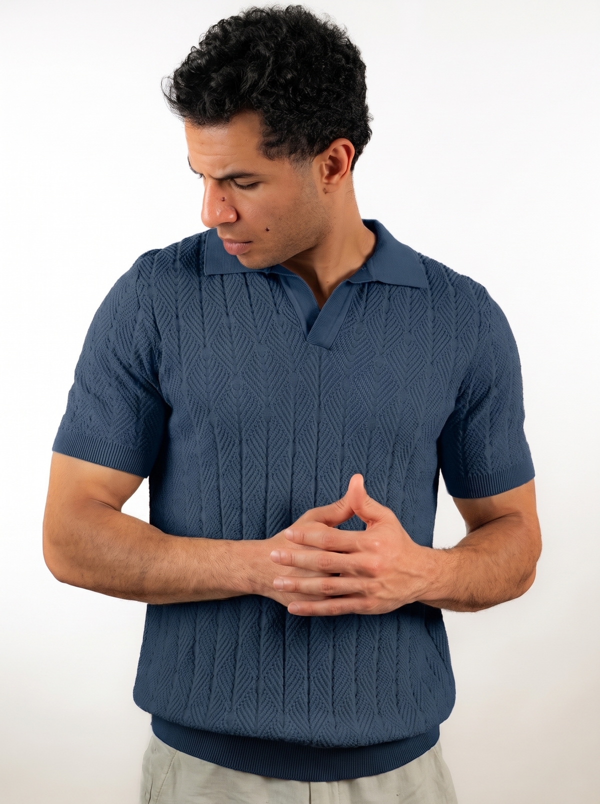 Diamond Knitted Short-Sleeve Polo Shirt - Navy