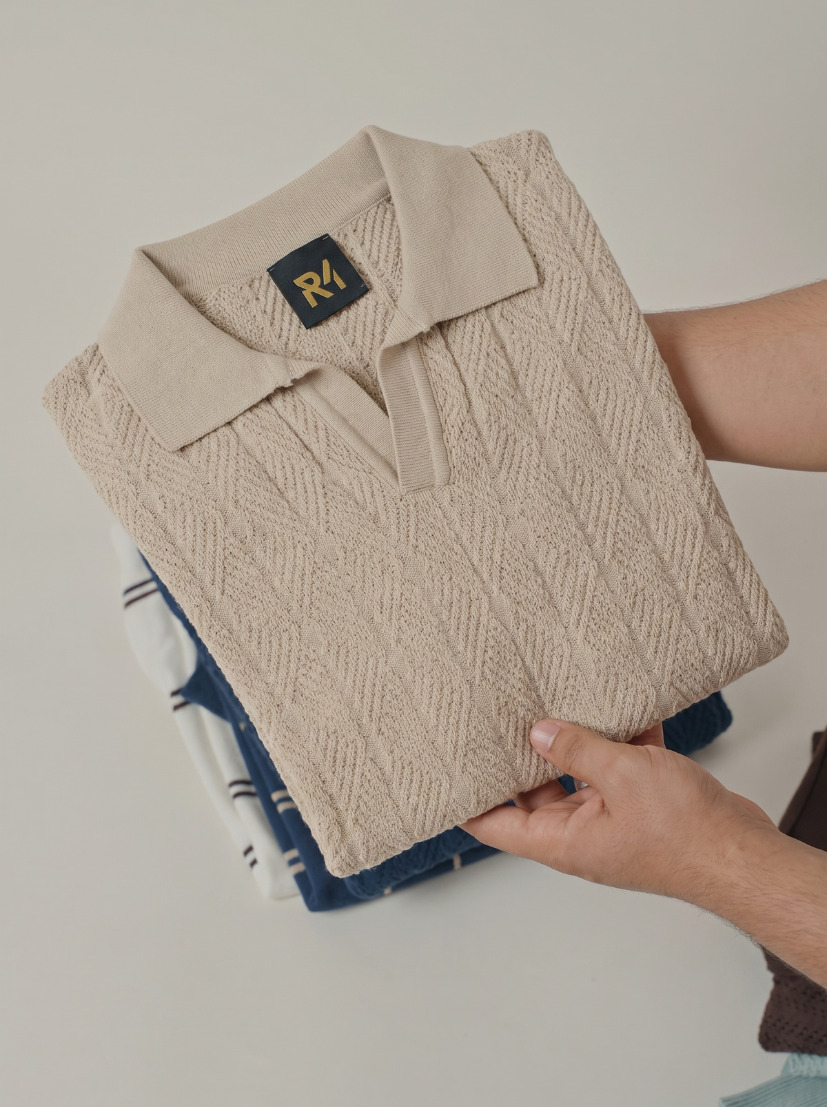 Diamond Knitted Short-Sleeve Polo Shirt - Beige