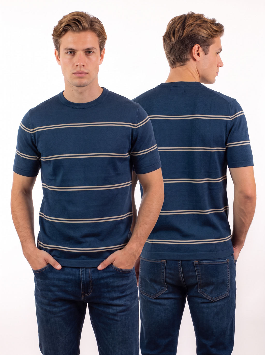 Striped Crew Neck Knit Tee - Navy