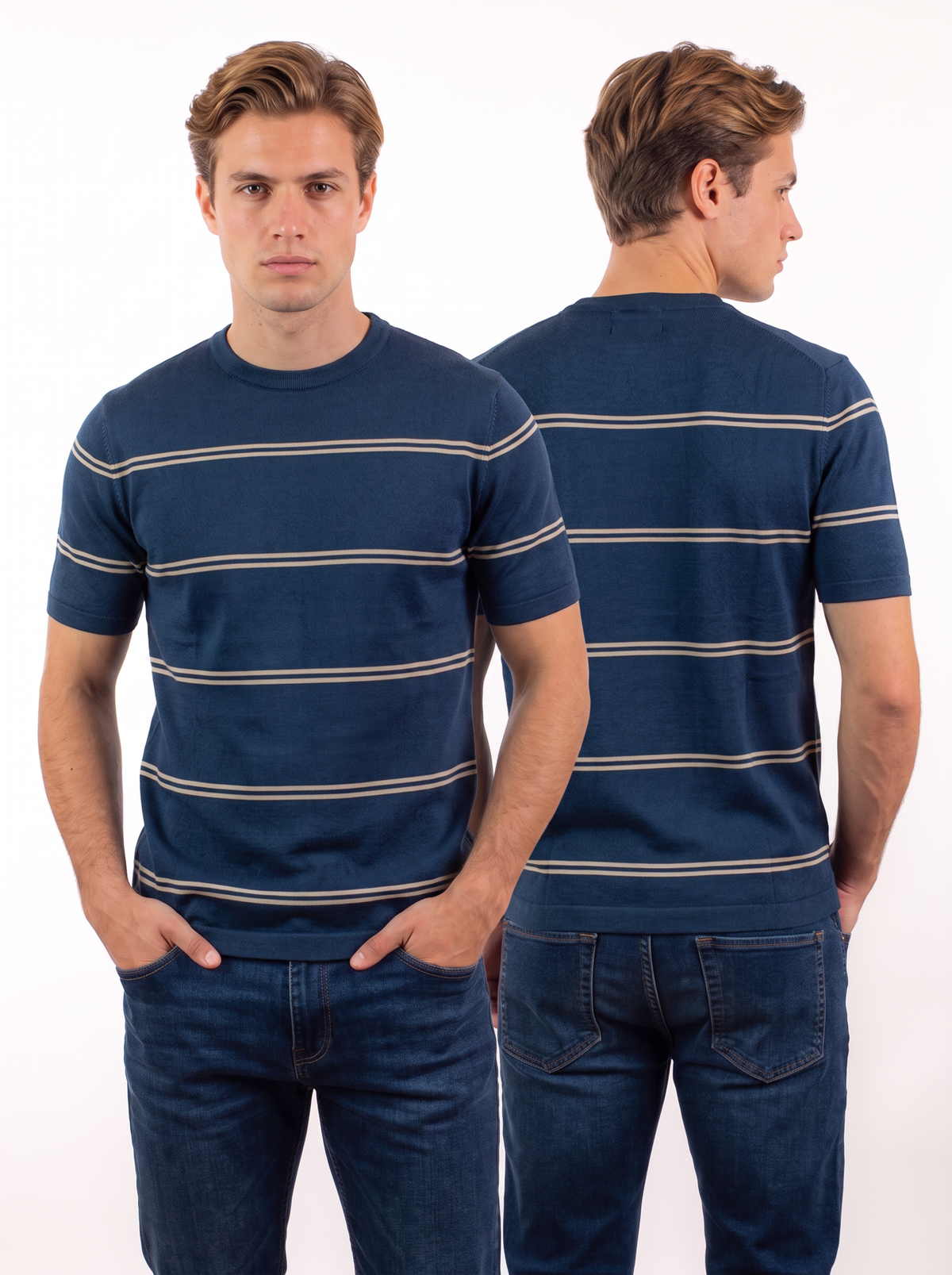 Striped Crew Neck Knit Tee - Navy
